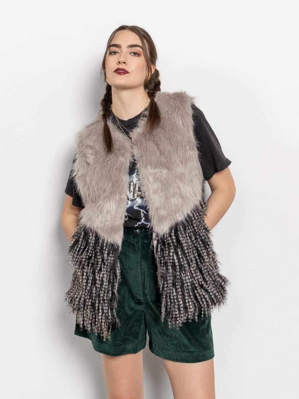FAUX FUR VEST Boxy Grey Feathers Vintage / Medium Large
